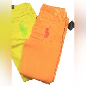 Polo Ralph Lauren Bowery Skinny Denim Jeans Size 8 Big Pony Logo Neon Orange